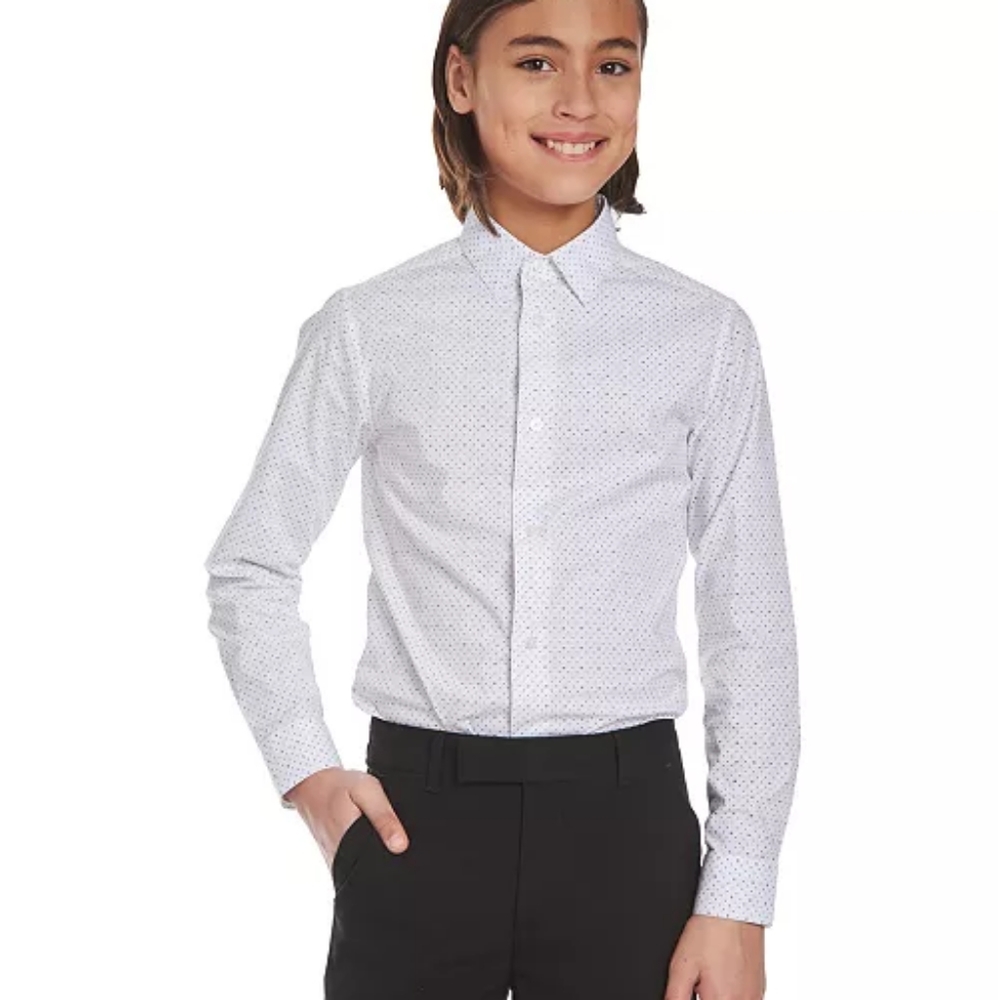 Calvin Klein Big Boys Slim-Fit Stretch Logo Dot-Print Dress Shirt Size 12